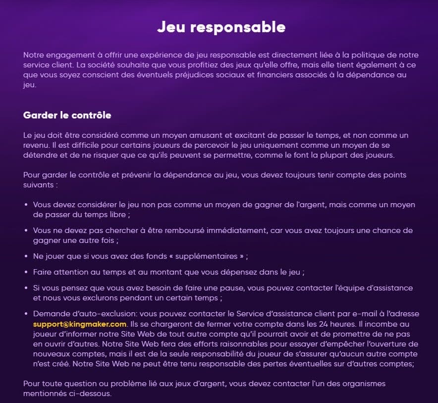 jeu responsable kingmaker casino